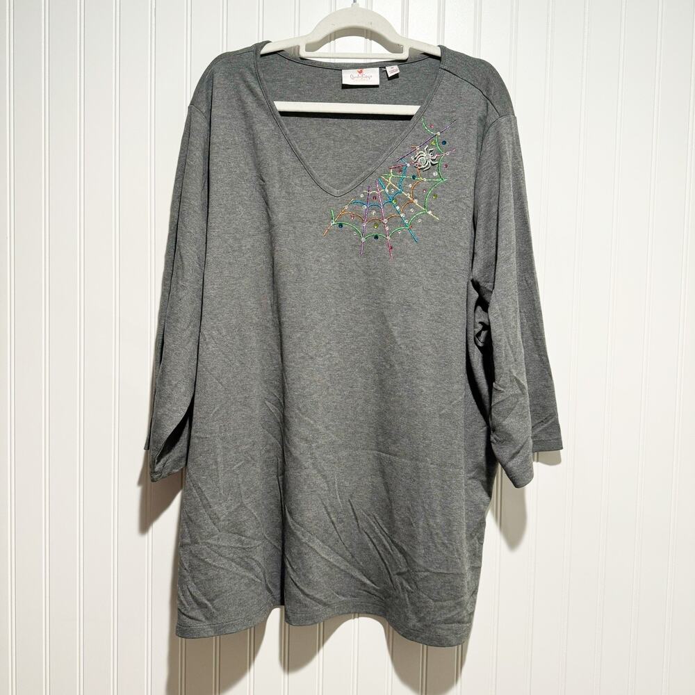 Quacker Factory Gray Halloween Spider Web Rhinestone Top Plus Size 3X - Picture 1 of 6